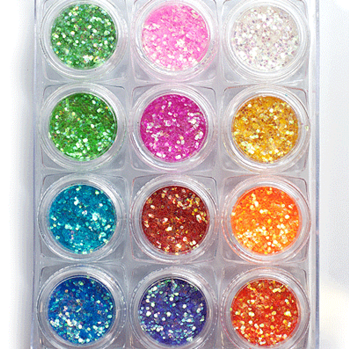 12 shades of Rainbow glitter 1mm. 
